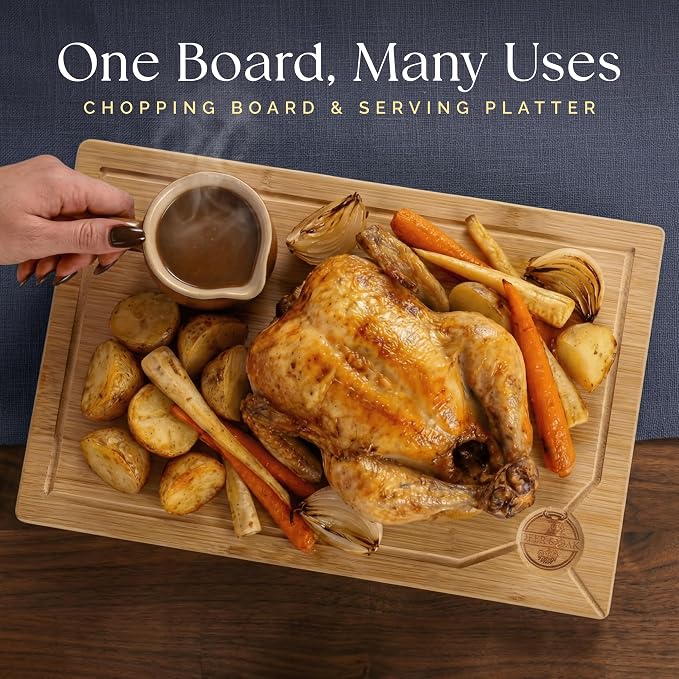 Deer & Oak Large Bamboo Cutting Board 15 x 9.8 x 0.8 Inch, Pre-Oiled | Water resistant and knife friendly · For meat and vegetables in the kitchen