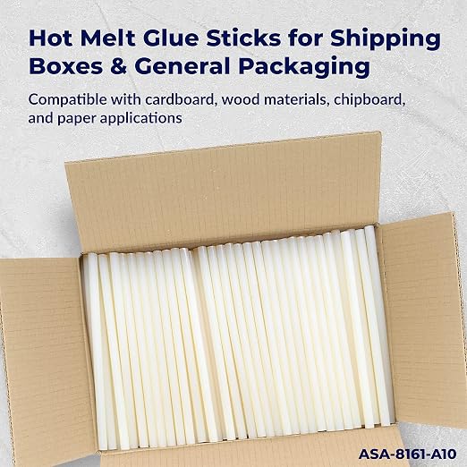 ASA Full Size Hot Glue Sticks 7/16" x 10", 10 lb Box, 189 Ct | High-strength, fast-setting hot glue sticks for industrial packaging and woodworking. 10 lb box, 189 sticks.