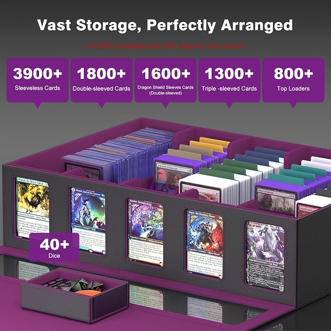Kabinka Trading Card Storage Box with Handle & Mechanical Latch,5-Row 3900+ Commander MTG Card Case with Sealed Window,Top Loaders Organizer Deck Box for MTG/TCG/PTCG/Sports Cards (Black Purple)