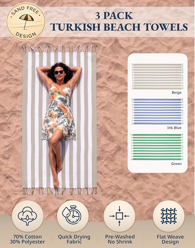 LANE LINEN 3 Pack Beach Towels Oversized, 39"x71" - Coastal Earth | Classic Cabana Stripe - Quick-Drying & Super Absorbent - Sand Shakes Right Off - Soft Pre-Washed Cotton Blend - Pool Day
