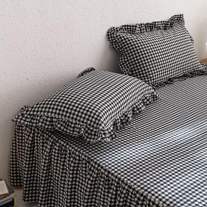 mixinni Black White Gingham Ruffle Duvet Cover King Size 3 Pieces – 100% Washed Cotton, Vintage Plaid Ruffled Bedding Set with Zipper Ties, Soft Checkered Grid Farmhouse Chic Comforter Cover Set