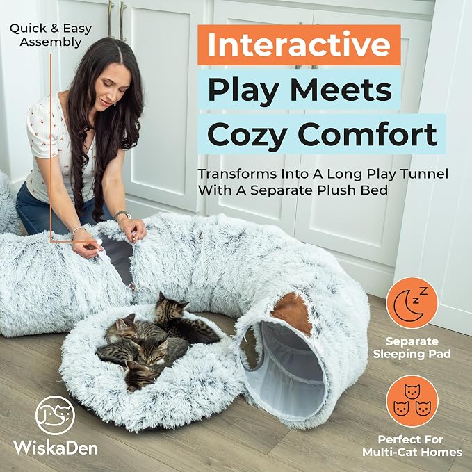 WiskaDen XL Plush Cat Tunnel Bed with Toy and Elderly Feline Access. 3-in-1 Light Grey Fluffy Donut Cushion with Ears. Circle Tube for Indoor Cats Leisure, Hiding Spot, Dog Bed, or Rabbit Cave