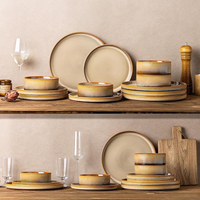 TheTerra Ceramic Dinnerware Sets for 6, 18 Pieces Porcelain Lightweight Plates and Bowls Sets, Scratch Resistant Dish Set, Oven & Microwave & Dishwasher Safe, Creamy Amber