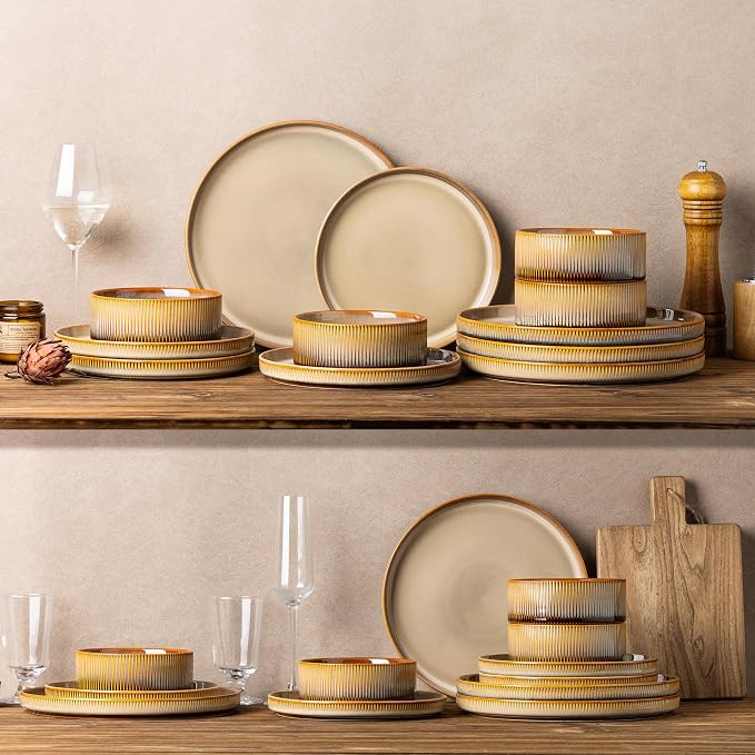 TheTerra Ceramic Dinnerware Sets for 4, 12 Pieces Porcelain Lightweight Plates and Bowls Sets, Scratch Resistant Dish Set, Oven & Microwave & Dishwasher Safe, Creamy Amber
