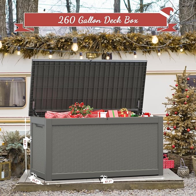 300 Gal Deck Box, Outdoor Storage Box Waterproof Lockable, Gas Lift,Grey | Large sturdy resin deck box, double wall panels, waterproof backyard storage for package delivery, garden hoses outdoor tools