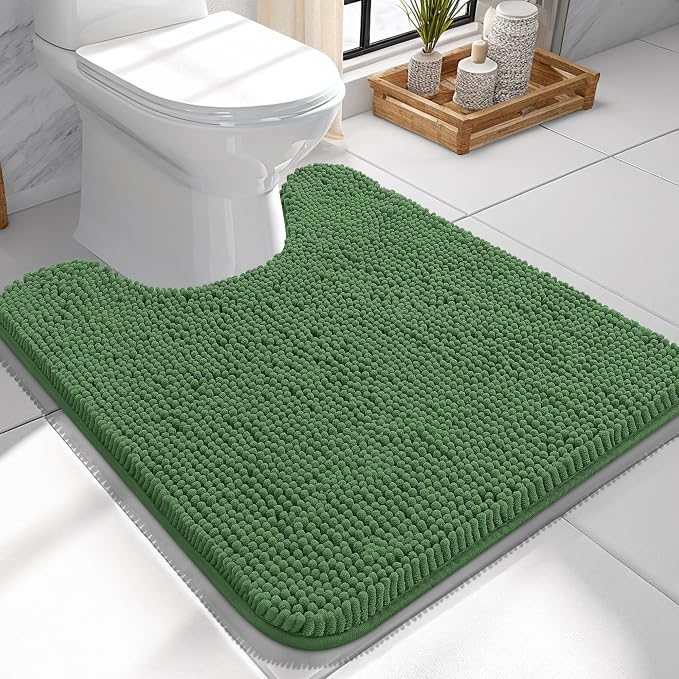 OLANLY Toilet Rugs U-Shaped 24x24, Extra Soft Absorbent Chenille Contour Bathroom Rugs for Toilet, Dry Quickly, Machine Washable, Non-Slip Bath Mat, Olive Green