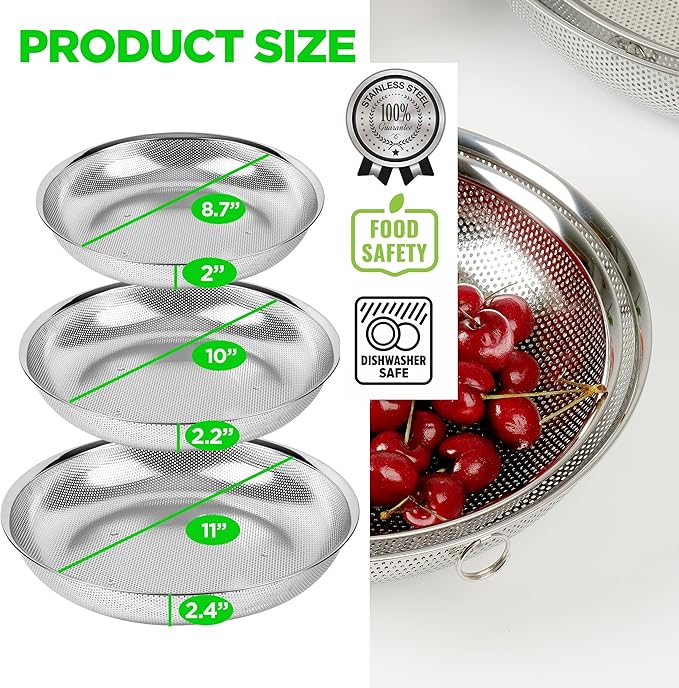 Shallow Stainless Steel Colander Set of 3 – Micro-Perforated Tray Strainers for Berries Vegetables Fruit, 18/8 304 Low Profile (2, 3, 4 Qt) Self-Draining Base, Dishwasher Safe, Made in Korea