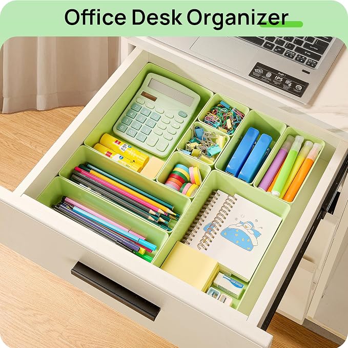Vtopmart 25 PCS Plastic Drawer Organizers Set, 4-Size Versatile Bathroom and Vanity Drawer Organizer Trays, Storage Bins for Makeup, Bedroom, Kitchen Gadgets Utensils and Office, Light Green