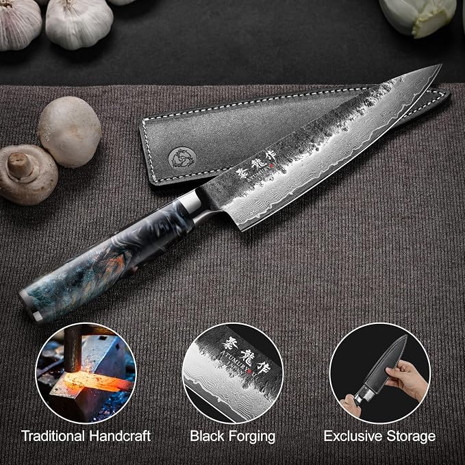 JPCK 8'' Japanese Damascus Chef Knife, Hand Forged VG10 Steel | Kurouchi Forged Finish, 67-Layer Damascus Cladding, For Professional & Home Chefs, Leather Sheath Included, Premium Gift Box