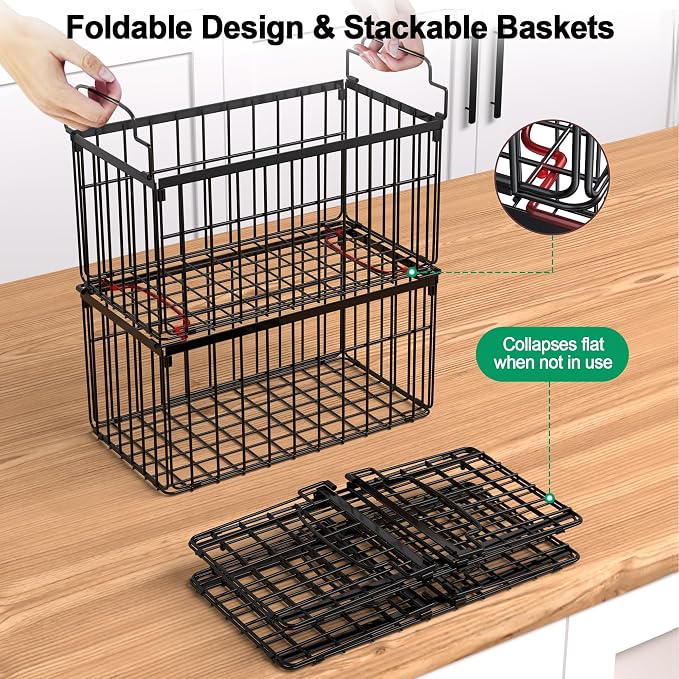 Freezer Organizer Bins, 2 Pack Big Baskets for 5/ 7 Cu.FT Deep Freezer | Stackable Chest Freezer Organizer Bins, Foldable Baskets with Handles, Black Storage Container Baskets for Sort Frozen Meats