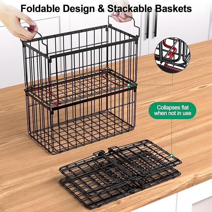 Freezer Organizer Bins, 4 Pack Big Baskets for 5/ 7 Cu.FT Deep Freezer | Stackable Chest Freezer Organizer Bins, Foldable Baskets with Handles, Black Storage Container Baskets for Sort Frozen Meats