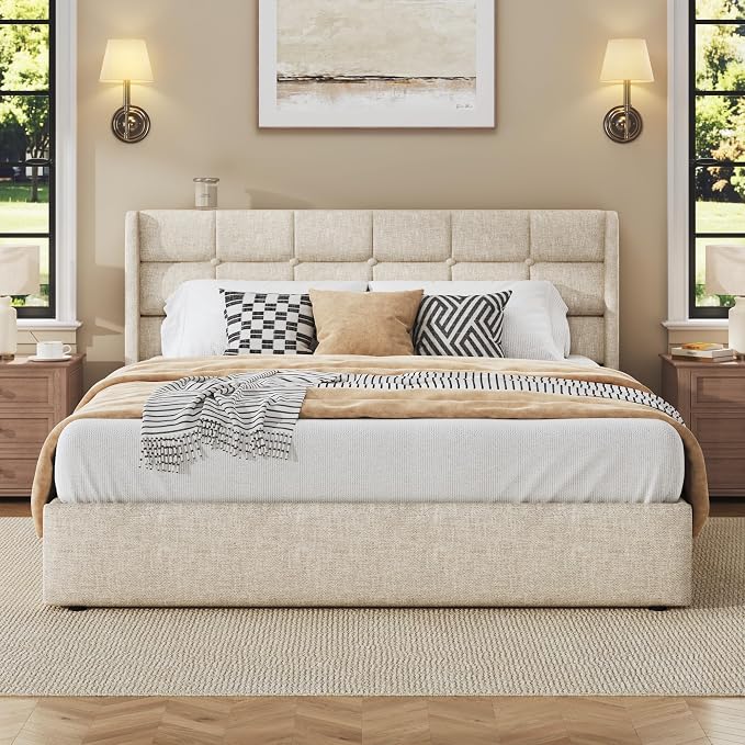 HISOFT Queen Size Lift Up Storage Bed Frame, Linen Upholstered Platform Bed with Wingback Headboard, Heavy Duty Hydraulic Gas Lift Underbed Space, Reinforced Full Metal Slats, Noise Free, Beige