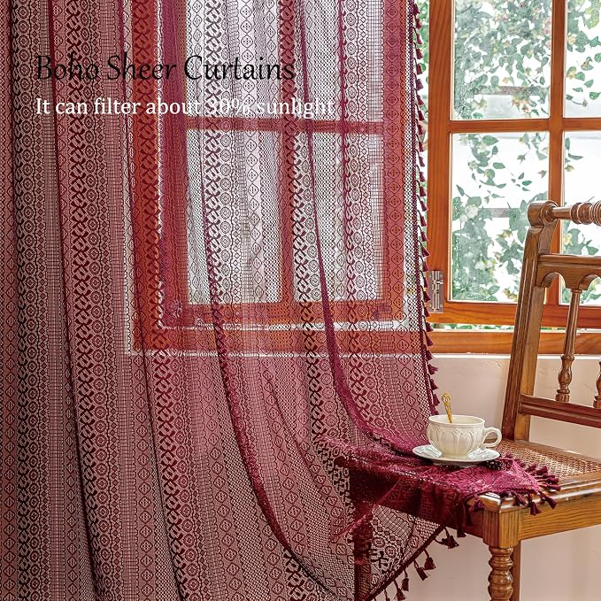 Sutuo Home Burgundy Boho Lace Curtains 96 inches long for Living Room Laundry Room, Semi Sheer Curtains Farmhouse Privacy Crochet Vintage Chic Tassels Rustic Rod Pocket Christmas Decor, 2 Panels 50" W
