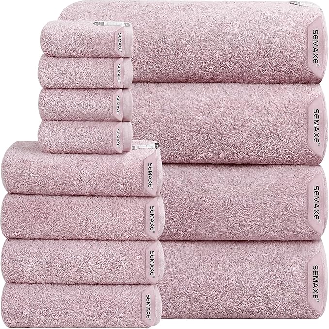 SEMAXE Bath Towel Set, 12 Piece Cotton Towel Set for Bathroom, More Towels for Family Use, Quick Dry with Hanging Loops, Easy Care, Purple