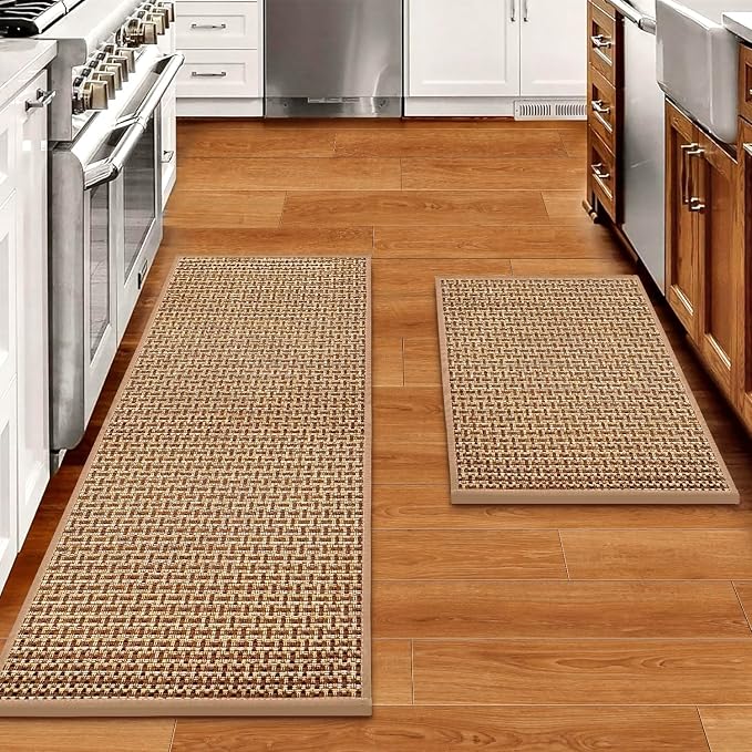 eqivei Kitchen Rugs and Mats Non Skid Washable Set of 2 PCS, Absorbent Runner Rugs for Kitchen, Farmhouse Weave Floor Mats in Front of Sink, 17.3"x 47"+17.3"x 29" (Brown)