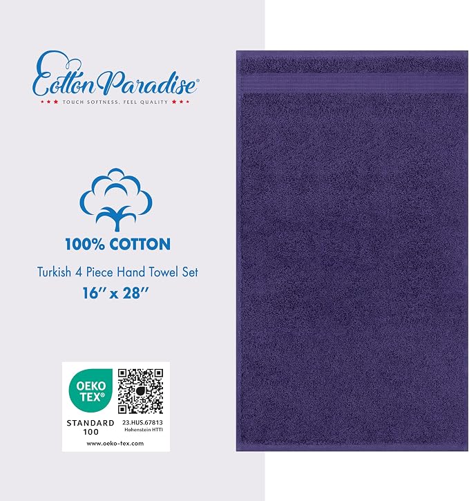 Cotton Paradise 100% Cotton Turkish Towel Set, Soft Absorbent Quick Dry, 4 Piece Hand Towel Set, Violet Purple