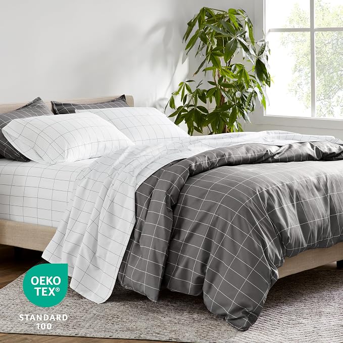 Bare Home Bedding Duvet Cover Extra Long - Premium 1800 Super Soft Collection - Lightweight, Duvet Cover - Soft Textured (Twin/Twin XL, Grid - Grey/White)