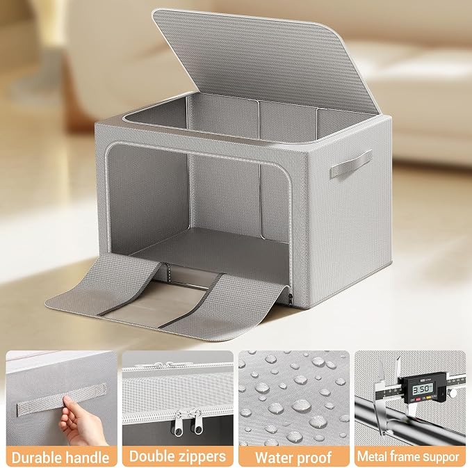 Clothes Storage Bins with Metal Frame Foldable Storage Box Clothes Organizers Storage Containers for Clothes Sheets Blankets Books Toys Gifts and Holiday Decorations (100Lx3 Pack)