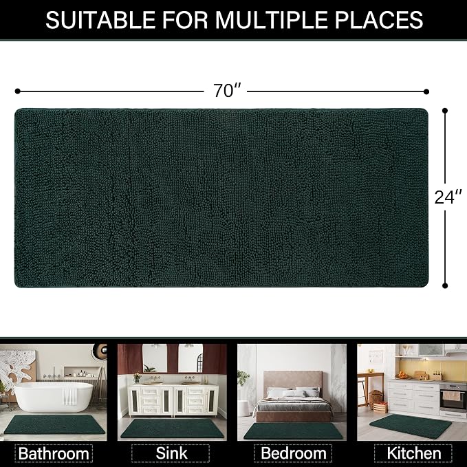 LOCHAS Luxury Bathroom Rug Shaggy Bath Mat 24 x 70 Inch, Hunter Green | Washable Non Slip Bath Rugs for Bathroom Shower, Soft Plush Chenille Absorbent Carpets