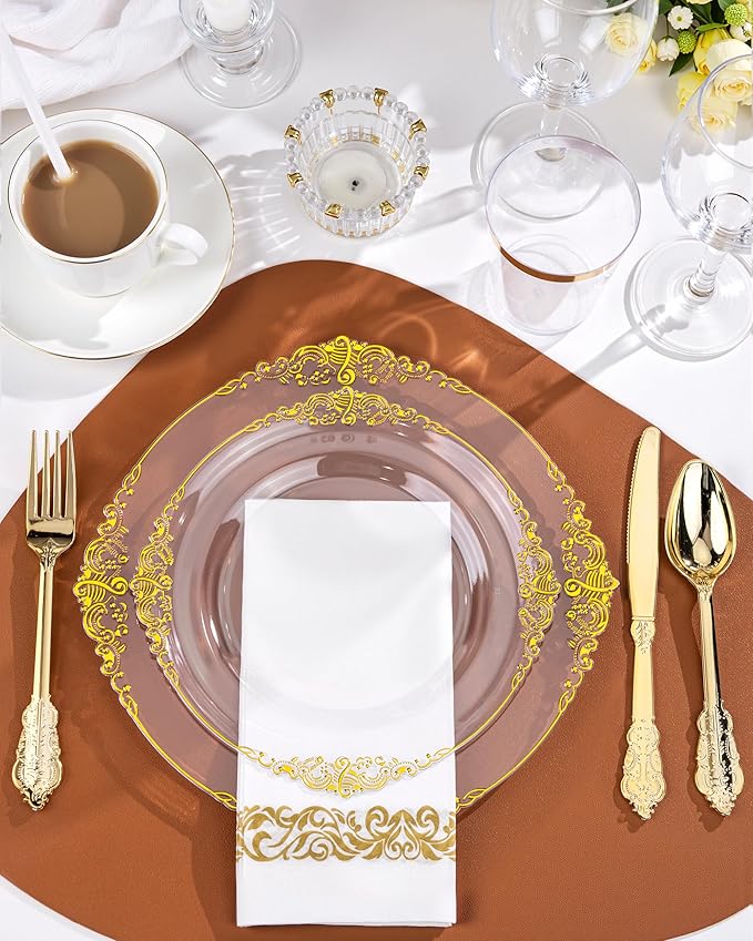 Nervure 350PCS Clear Gold Plastic Plates - Gold Plastic Dinnerware Sets for 50 Guests - 100 Disposable Plates, 150 Silverware, 50 Cups, 50 Napkins for Wedding & Party