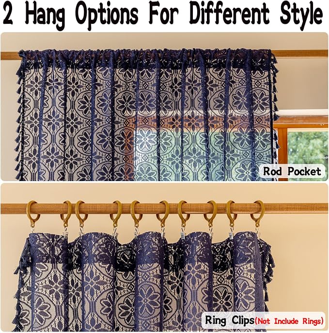 Sutuo Home Navy Blue Boho Sheer Curtains 84 inches Long 2 Panels for Bedroom Living Room, Lace Floral Tassels Curtains Crochet Bohemian Farmhouse Vintage Privacy Window Treatments Rod Pocket, 50" W