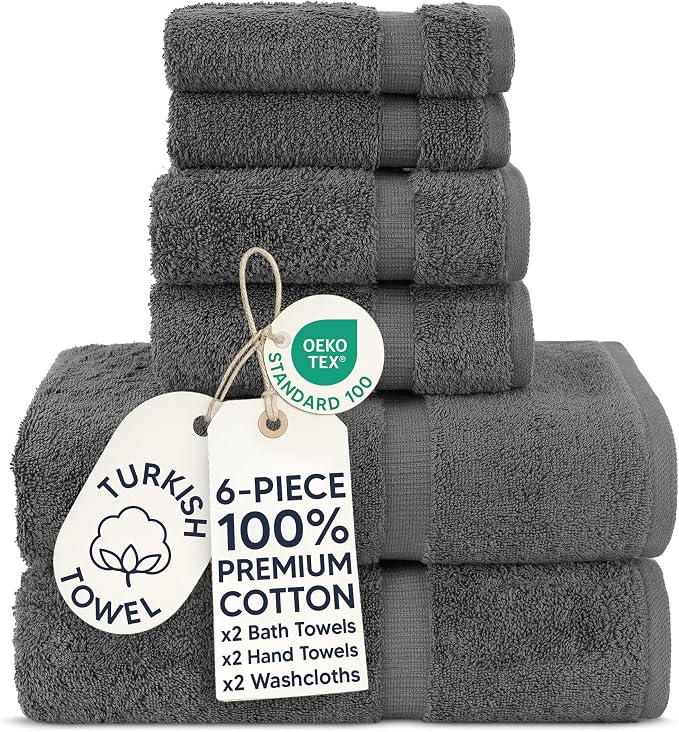 Chakir Turkish Linens |Hotel & Spa Quality 100% Cotton Premium Turkish Towels | Soft & Absorbent (Dark Gray, 6-Piece Towel Sets)