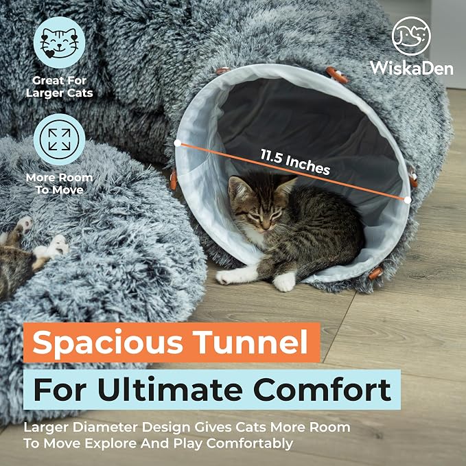 WiskaDen XL Plush Cat Tunnel Bed with Toy and Elderly Feline Access. 3-in-1 Dark Grey Fluffy Donut Cushion. Circle Tube for Indoor Cats Leisure, Hiding Spot, Dog Bed, or Rabbit Cave