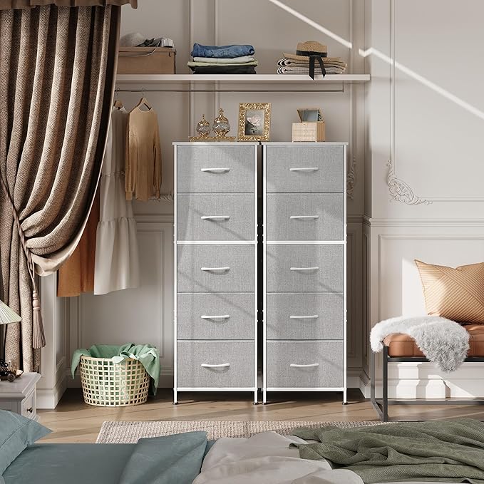 WLIVE Fabric Dresser, 5-Drawer Tall Dressers for Bedroom, Storage Dresser Organizer with Fabric Bins, Wood Top, Sturdy Steel Frame, Chest of Drawers for Closet, Hallway, Light Grey