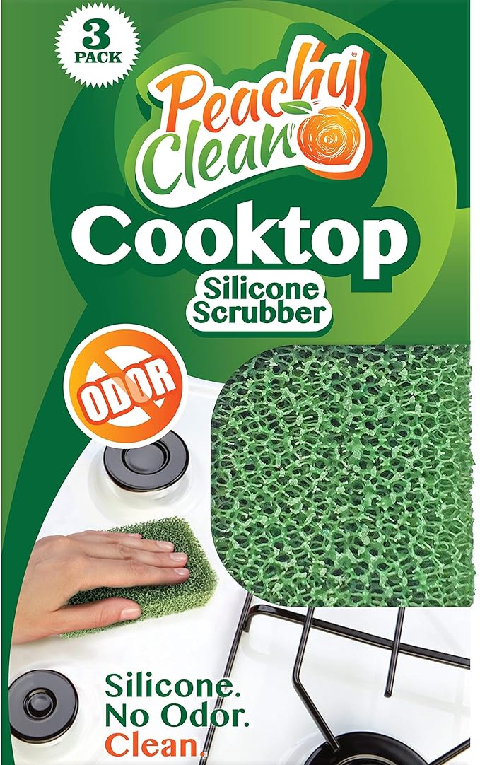 Peachy Clean Silicone Cooktop Sponge Scrubbers, Fresh Peach Scent, Non-Scratch, Odor-Resistant, Durable Household Cleaning Sponges for Dishes, Sinks, & Counter Tops Sponge, 3Pk