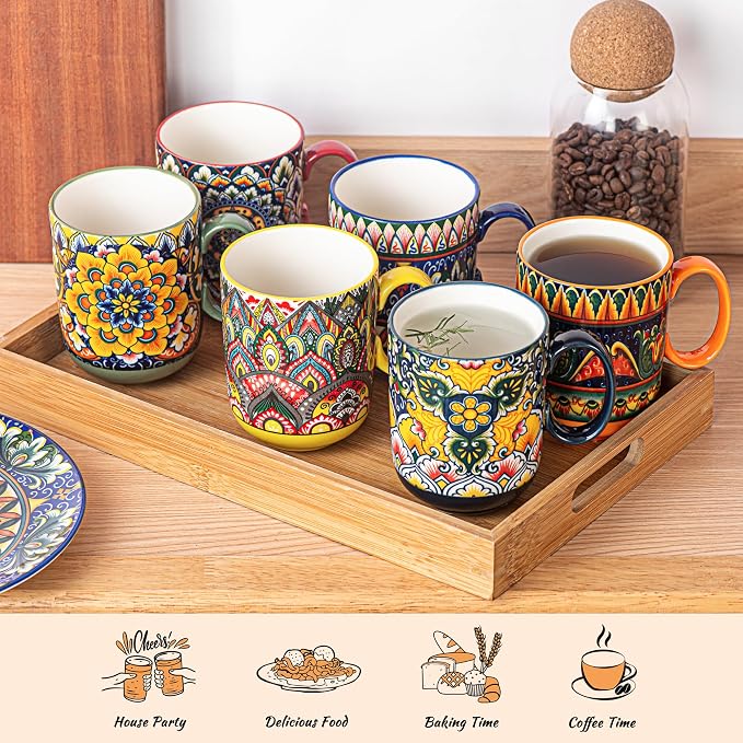 Henten Home Ceamic Coffee Mug Set of 6, 14 oz Colorful Latte Cup with Handle, Boho Floral Mug for Hot Cocoa, Milk, Tea, Chocolate, Microwave & Dishwasher Safe