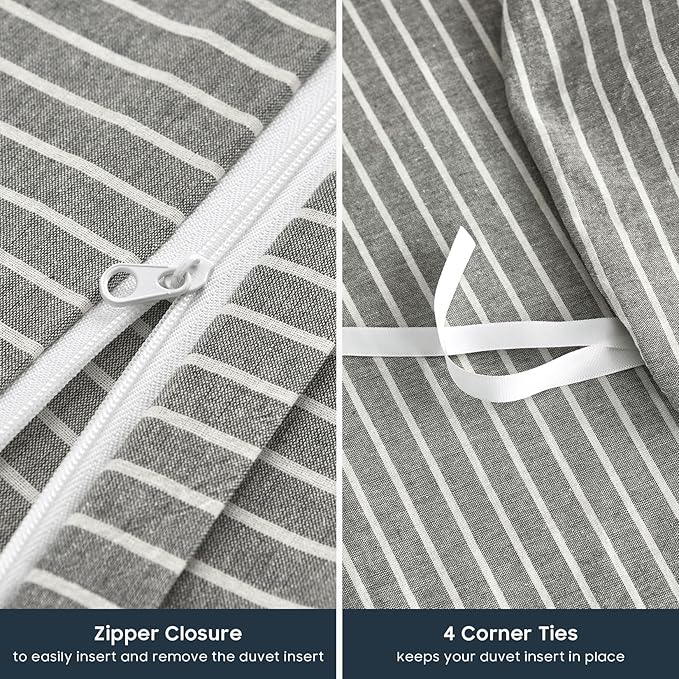 Wake In Cloud - Striped Cotton Duvet Cover Set, 100% Washed Cotton Textured Bedding Set, Ticking Stripe Pinstripe Farmhouse, 3 Pieces, Grey, Queen Size