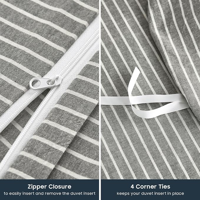 Wake In Cloud - Striped Cotton Duvet Cover Set, 100% Washed Cotton Textured Bedding Set, Ticking Stripe Pinstripe Farmhouse, 3 Pieces, Grey, King Size