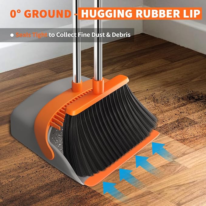 Upgraded Broom and Dustpan Set, 52" Long Handle Standing Combo with Self-Cleaning Teeth – Perfect for Pet Hair, Kitchen, Office, Home, Indoor & Outdoor Cleaning(Orange & Gray)