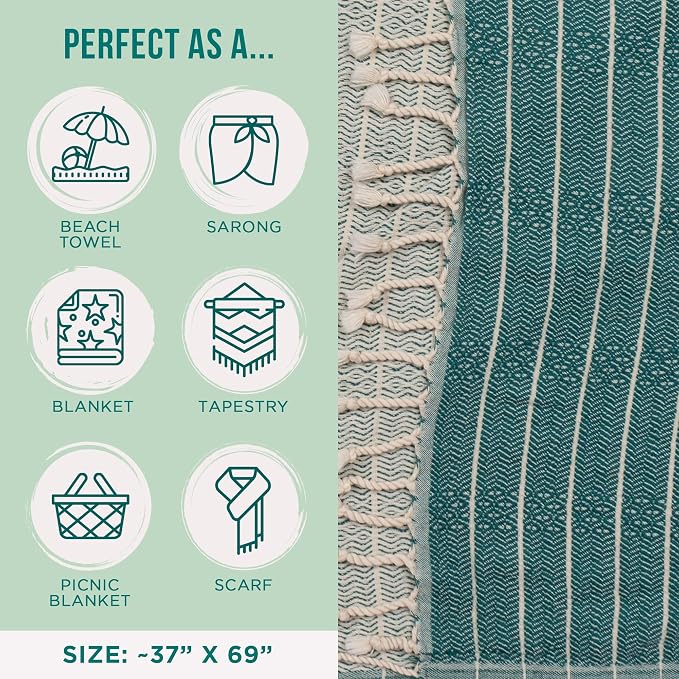 Sand Cloud Turkish Beach Towel - Sand Resistant & Quick Dry Towel | 100% Certified Organic Turkish Towel - Bath Towel or Beach Blanket for Picnic - As Seen on Shark Tank - Gocek (Teal)