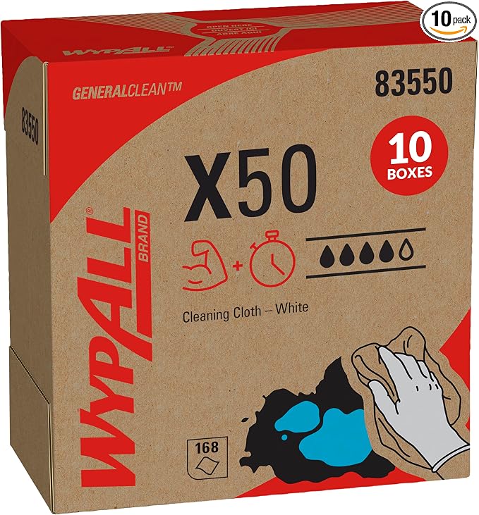 WypAll GeneralClean X50 Cloths Cleaning Wipes (83550), Pop-Up Box, Strong Towels for Extended Use, White (10 Packs of 168 Sheets, 1,680 Sheet Total)