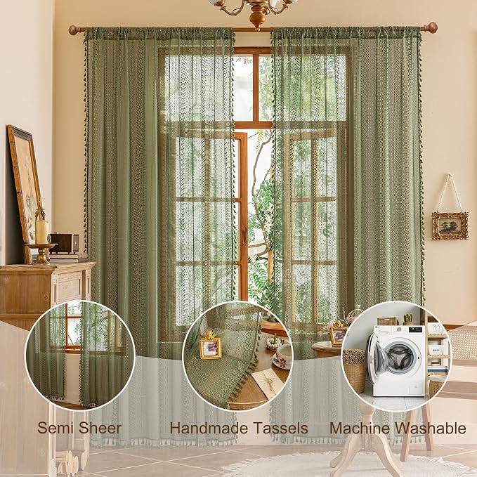Sutuo Home Olive Green Boho Sheer Curtains 72 Inches Long for Kitchen Bedroom, Lace Curtains Bohemian French Country Privacy Crochet Light Filtering Vintage Tassels Christmas Rod Pocket,2 Panels 50"W