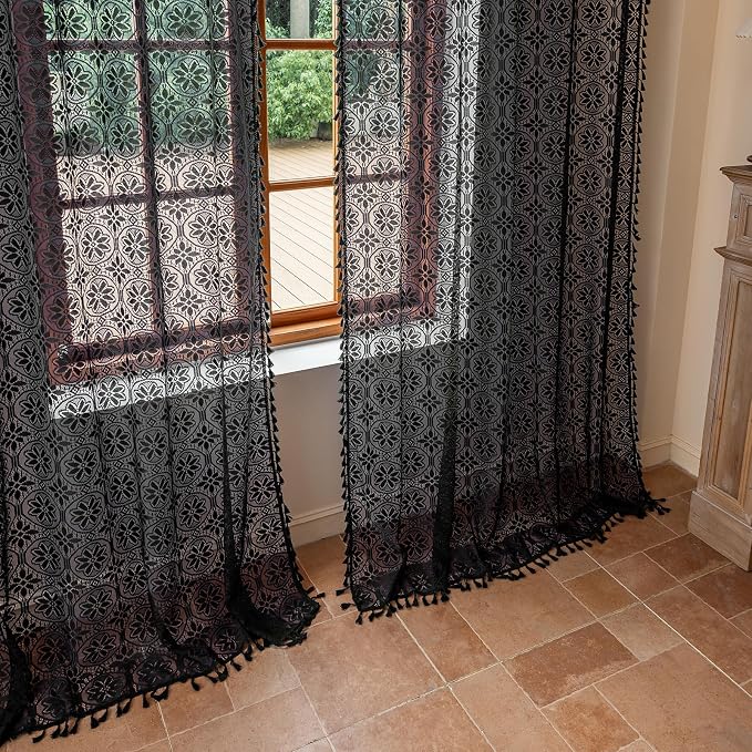 Sutuo Home Black Boho Sheer Curtains 84 inches Long 2 Panel for Living Room | Bohemian Lace Curtains Drape Crochet Light Filtering Farmhouse Decor Vintage Chic Tassels Window Treatments Rod Pocket, 50" W