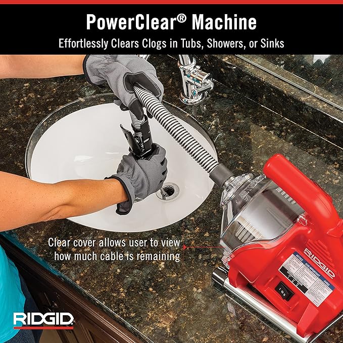 RIDGID 55808 PowerClear 120-Volt Drain Cleaning Machine Kit for Tubs, Showers, and Sinks, Drain Cleaner Machine Kit with AUTOFEED, Inner Core Cable, and Guide Hose