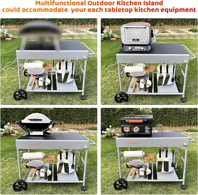 Pizza Oven Table for Ooni, Ninja and Blackstone | Thickened rolling kitchen stand with wider prep space for Koda, Karu, Fyra, griddles and BBQ tools