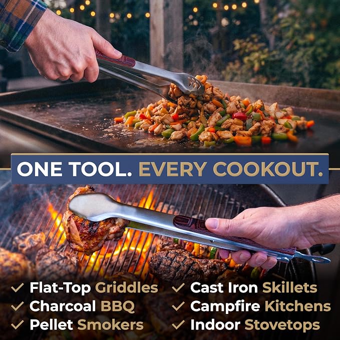 17-Inch Metal Tongs for Grilling - Kitchen Tongs for Cooking | Heavy duty 1.0mm stainless steel, food-safe, Pakkawood handles. BBQ accessories, grill accessories & metal kitchen utensils.