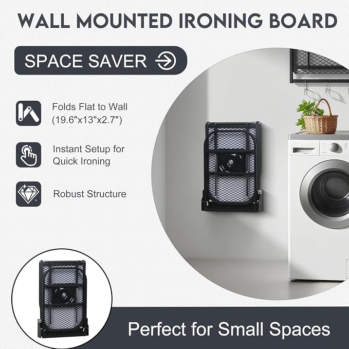 Wall Mounted Ironing Board,Space-Saving Compact Wall Mount Fold Down Iron Board for Laundry Room, 36" x 12", Black