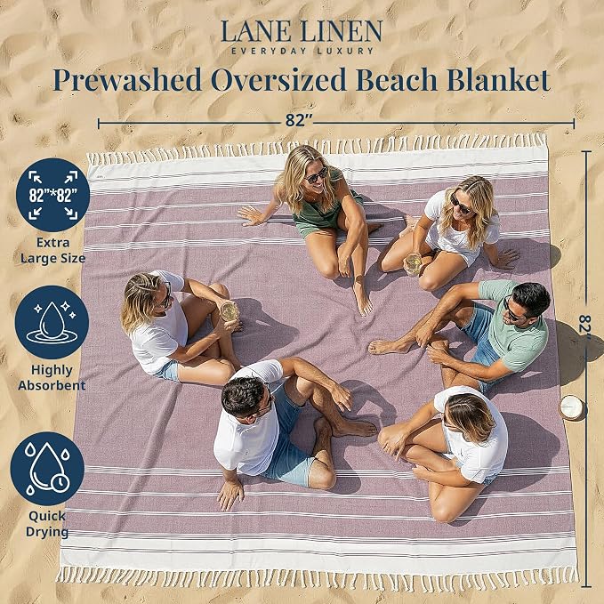 LANE LINEN Beach Blanket Sand Free, Soft & Big Beach Towel - Wistful Mauve | Oversized Beach Blanket, 82"x82" - For The Beach, Lawn, Lake & Tailgates - Folds Compact, Easy To Carry - Roomy Family Size