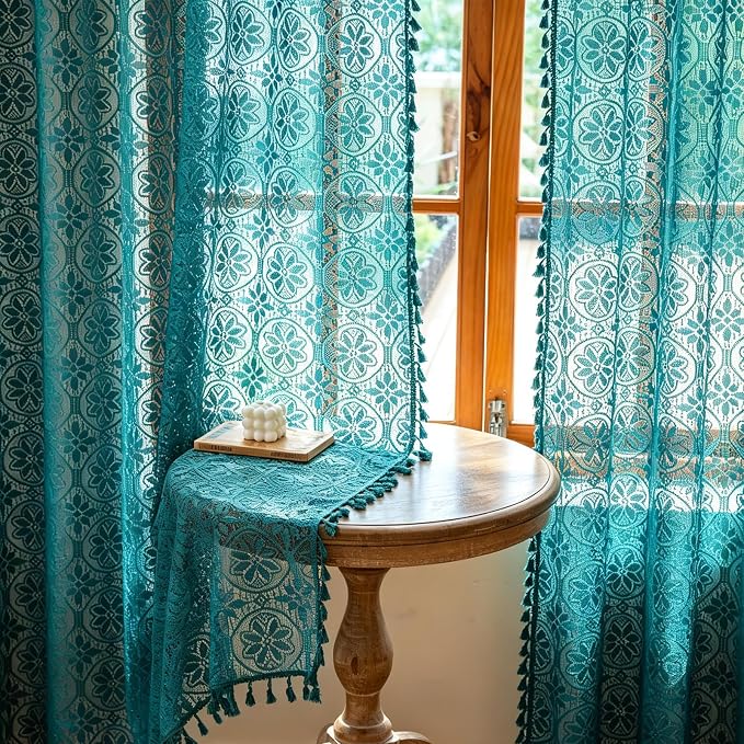 Sutuo Home Teal Sheer Lace Boho Curtains 84 inches Long 2 Panel for Bedroom | Victorian Privacy Cottagecore Vintage Tassels Light Filtering Floral Window Curtains Drape Christmas Decor Rod Pocket,50" W