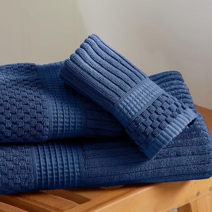 Springtree Home 100% Cotton Bath Towel Set | 4-Pack | Textured | Navy | Absorbent & Quick-Dry Bathroom Towels | Textured and Durable Cotton Towels for Bathroom | OEKO-TEX | Krista Collection