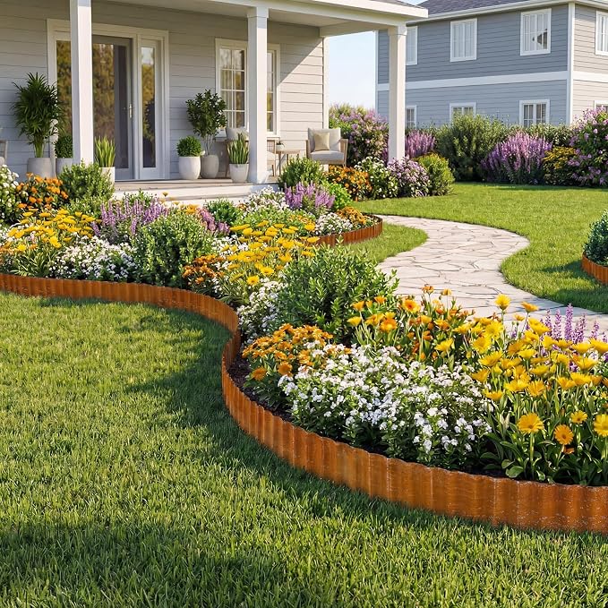 VEVOR Carbon Steel Landscape Edging, 40 ft x 6 in Steel Edging for Landscaping with Gloves, Easy-to-Install Bendable Metal Strips, Metal Garden Edge Border for Flower Bed, Yard Pathway, Rust