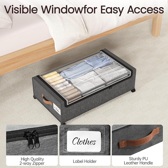 Yecaye 82L Under Bed Storage Containers, Fits 9.4" Under Bed, 2 Pack, Grey | XXL Capacity, 360° Rolling Wheels, Sturdy Metal Frame, Clear Window & Label, Storage Bins for Clothes, Blankets, Shoes