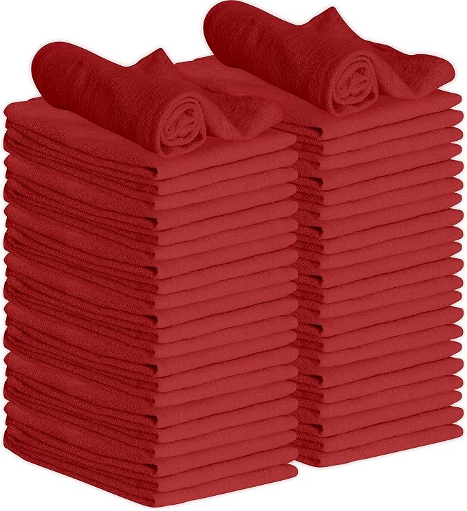 GREEN LIFESTYLE Shop Towels 12" x 14" 50 Pack - Red Cotton Shop Towels, Cleaning Rags, Reusable Shop Rags, Absorbent Terry Cloth Towels for Garage, Automotive and Home Use