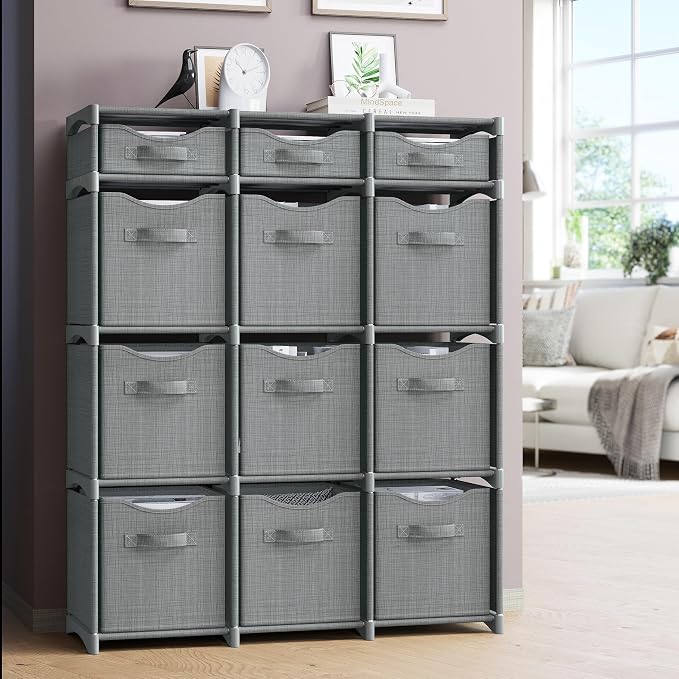 Cube Storage Organizer with 12 Storage Bins Included – Storage Cubes for Home Organization, Toy Storage, Office Storage, Living Room Storage, and General Storage Solution (Grey)