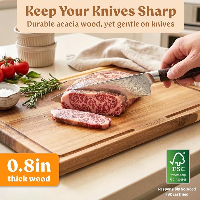 Acacia Wood Cutting Boards for Kitchen Set of 3 with Juice Groove | Non toxic FSC certified wooden chopping boards, knife-friendly, large kitchen boards for meat, cheese, charcuterie & serving