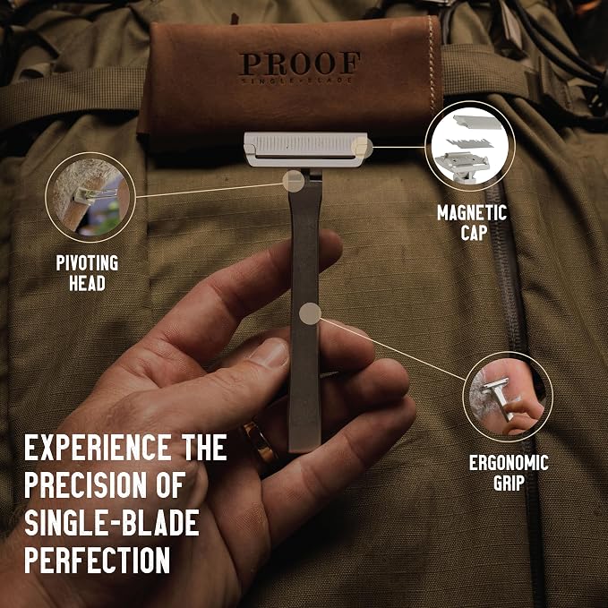 PROOF Select Single Blade Razor for Men with Pivoting Head Made in USA - CNC Machined Aluminum Easy Blade Replacement - Includes Genuine Leather Travel Case, Suction Cup Holder and Safety Razor Blades | Pivoting Head, CNC Machined Aluminum Metal Shaver...
